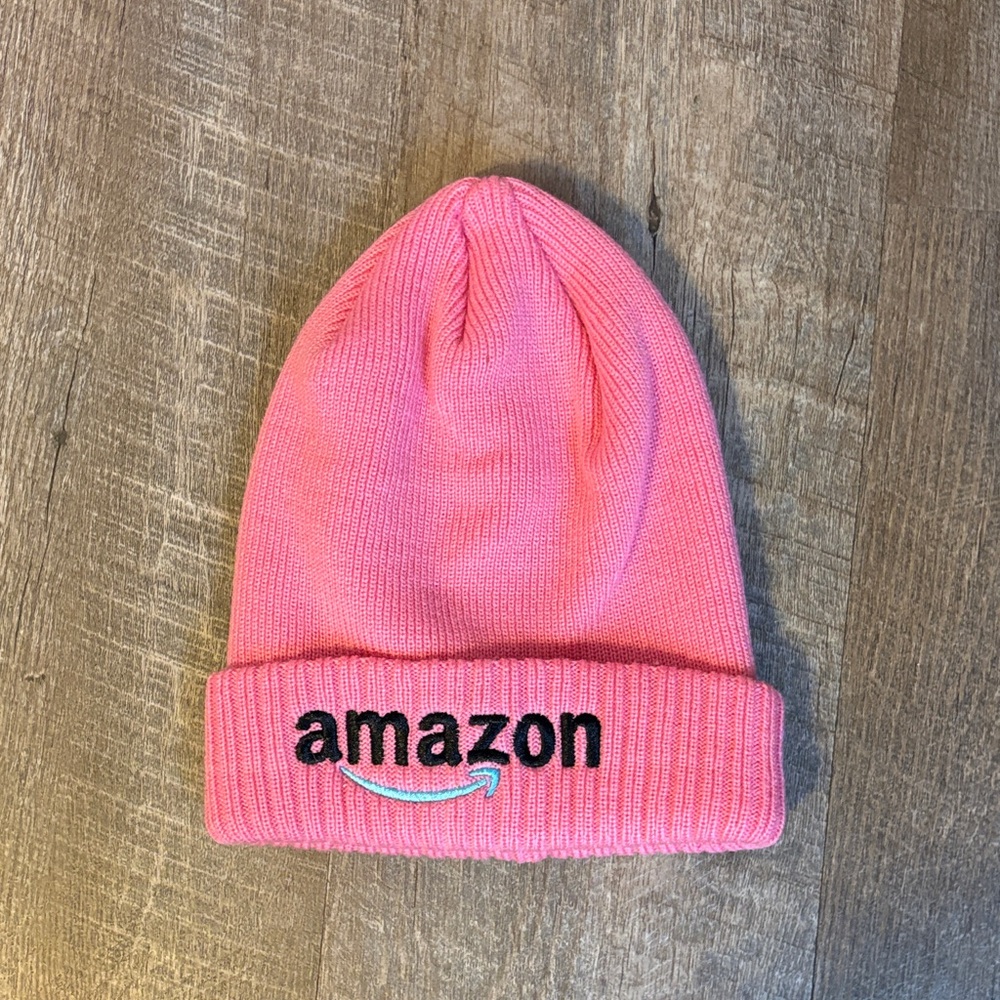 Amazon Pink Knit Embroidered Beanie Hat OS